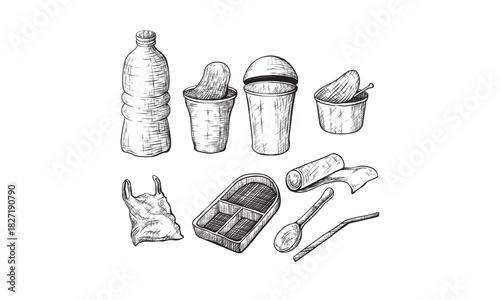 Plastic waste, vector sketch illustration. Hand drawn garbage and trash items, isolated on white background. Nonrecyclable material and goods icons set. Plastic pollution of environment concept.