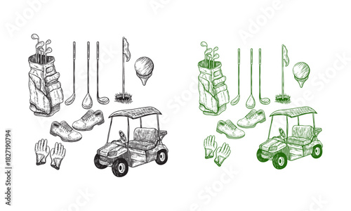 Golf club vector hand drawn icons and design elements set. Golf cart, ball, club, bag and accessories sketch illustration. Outdoor leisure activity stuff