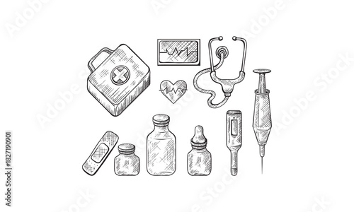 First aid kit vector sketch illustration. Medicine and healthcare hand drawn icons and design elements.