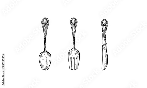 Cutlery set fork knife spoon sketch engraving raster illustration. T-shirt apparel print design. Scratch board imitation. Black and white hand drawn image.