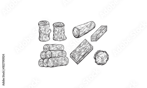 Wood logs, trunk and planks, vector sketch illustration. Hand drawn wooden materials. Firewood set.