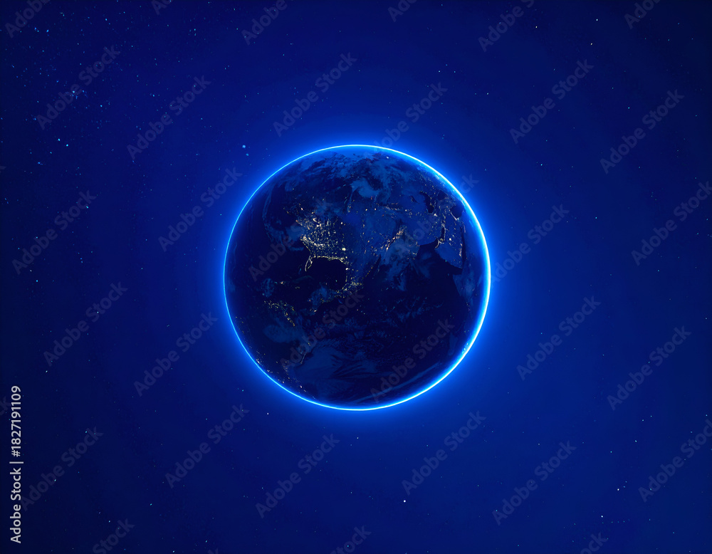 Fototapeta premium Night View of Earth Blue Planet with Illuminated Cities and Glowing Atmosphere from Space, Surrounded by Stars.