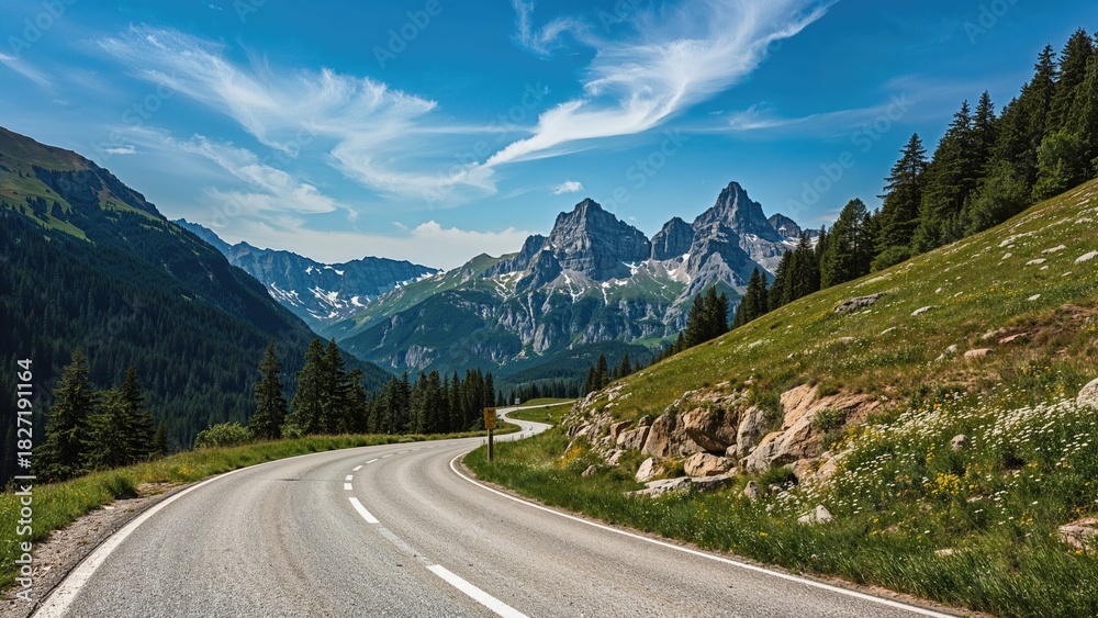 Fototapeta premium Scenic mountain road through lush green hills and towering peaks under a bright blue sky with wispy clouds.
