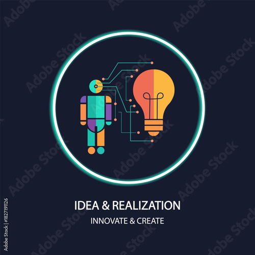 Conceptual illustration of idea generation and innovation with lightbulb and human figure