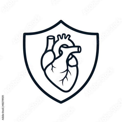 Stylized heart inside a shield emblem representing cardiovascular health and protection .on white background
