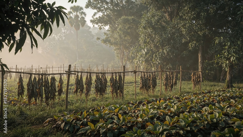 Obraz premium Dry leaves hanging on a clothesline in a farm or garden, with lush green plants and trees, capturing a rural or agricultural scene.