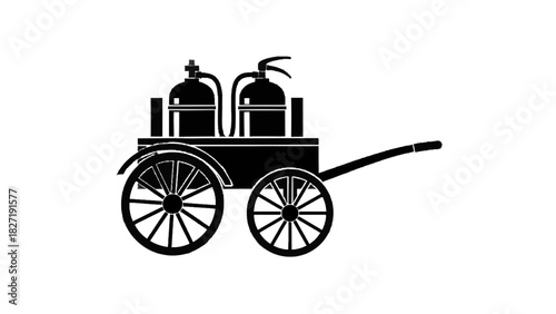 Vector illustration of black and white silhouette icon of an antique twowheeled fire cart with two fire extinguishers, isolated on transparent background