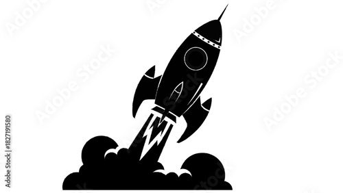 Vector illustration of black silhouette of a retro rocket ship blasting off with smoke and fire isolated on transparent background