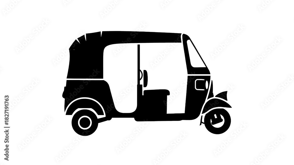 Fototapeta premium Vector illustration of black silhouette icon of an auto rickshaw or tuktuk vehicle isolated on transparent background