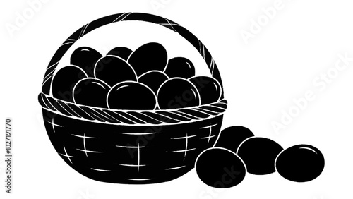 Vector illustration of black and white illustration of a woven basket full of eggs with several eggs spilled out isolated on transparent background