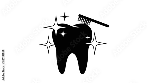 Vector illustration of black and white icon of a sparkling clean tooth being brushed with a toothbrush, isolated on transparent background