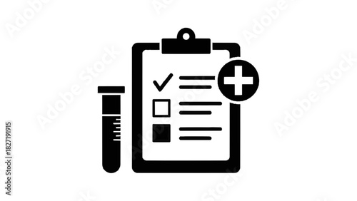 Vector illustration of medical test result clipboard with checklist and blood sample tube icon for healthcare analysis isolated on transparent background