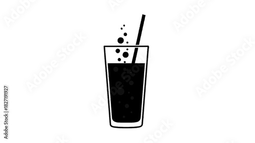 Vector illustration of black and white icon of a tall glass with a dark fizzy beverage, bubbles, and a straw, isolated on transparent background