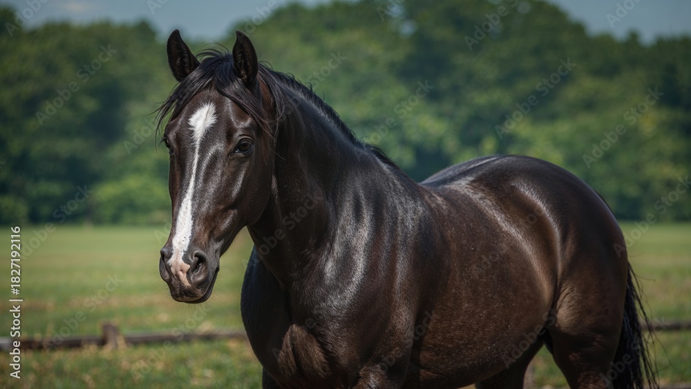 Fototapeta premium A dark brown horse standing in a grassy field with trees in the background.