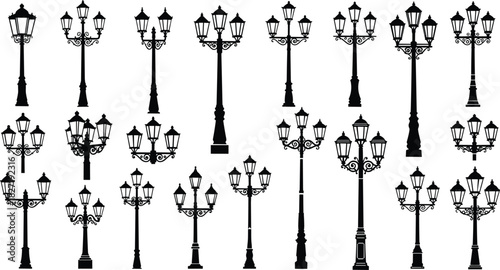 Vintage street lamp silhouette collection, antique city light posts with three lanterns, ornamental park lighting vector illustration set, black and white design elements