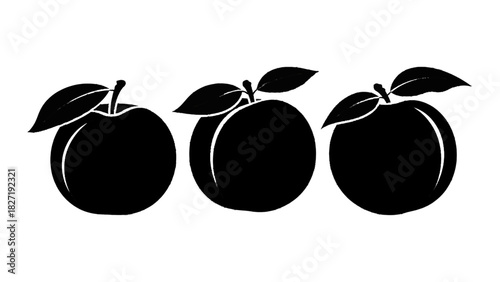 Vector illustration of three black silhouette icons of ripe peaches with leaves isolated on transparent background