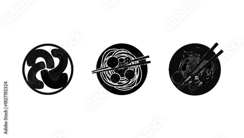 Vector illustration of set of three black and white icon designs representing different types of pasta and noodle dish preparation isolated on transparent background
