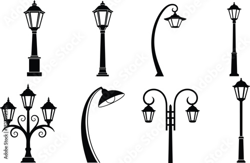 Vintage street lamp silhouettes set, classic antique lantern vector illustration, urban park lighting collection, black garden lamppost design, outdoor decorative light icons