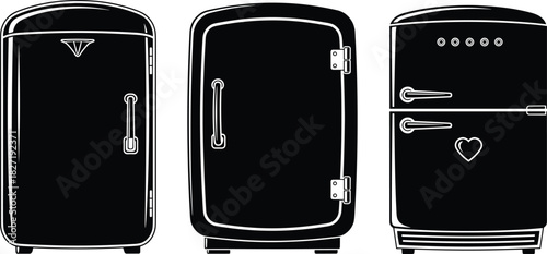 Vintage refrigerator collection in bold black silhouette style, showcasing retro kitchen appliances with classic handles and decorative elements, isolated vector illustration