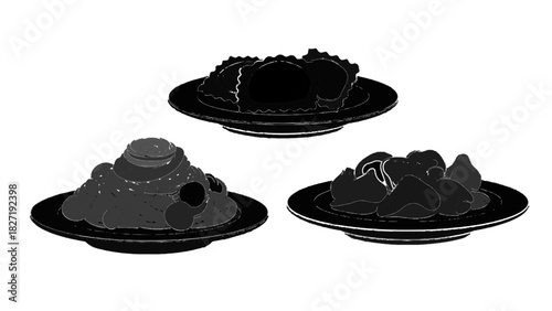 Vector illustration of collection of three plates featuring different types of pasta dishes in black and white outline style isolated on transparent background