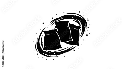 Vector illustration of three black silhouette sandbags or sacks with a swirling cosmic or galaxy design isolated on transparent background