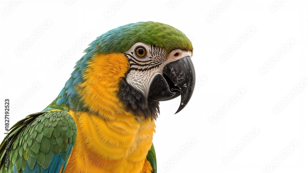 Obraz premium Colorful parrot with green, yellow, and blue feathers close-up on a white background.