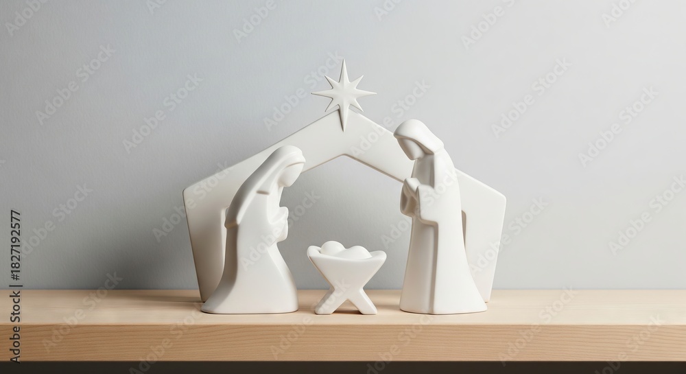 Obraz premium Simple white ceramic holy family nativity scene on wooden shelf, representing the birth of Jesus and Christmas celebration for holiday decor.