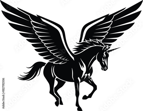 Winged unicorn silhouette vector illustration, black mythological creature for tattoo or logo design, flying pegasus with horn, fantasy horse art, isolated on white background