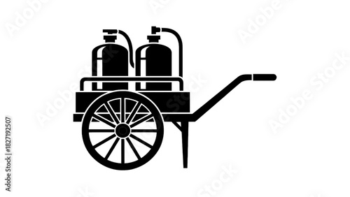 Vector illustration of black and white icon of a traditional milk cart with two large churns on a single wheel, isolated on transparent background