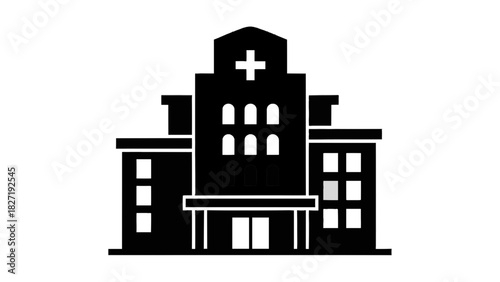 Vector illustration of black silhouette icon of a hospital building with a cross symbol on top, isolated on transparent background