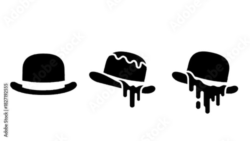 Vector illustration of three black bowler hat icons showing a melting or dripping transformation process isolated on transparent background