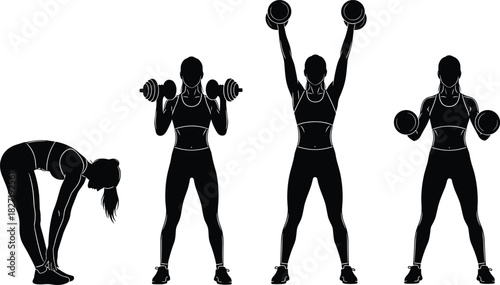 Woman performing various fitness exercises: standing toe touch stretch, dumbbell curls, overhead shoulder press, and weighted squats, silhouette vector illustration set on white background