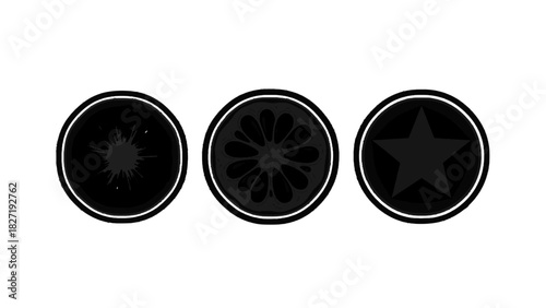 Vector illustration of set of three black and white circular icons featuring a starburst, citrus slice, and military star isolated on transparent background