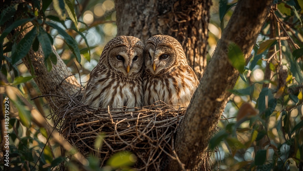 Obraz premium Two owls in a nest on a tree branch surrounded by leaves. Nature and wildlife, bird nesting, animal habitat, forest scene. The concept of avian life and natural environment.