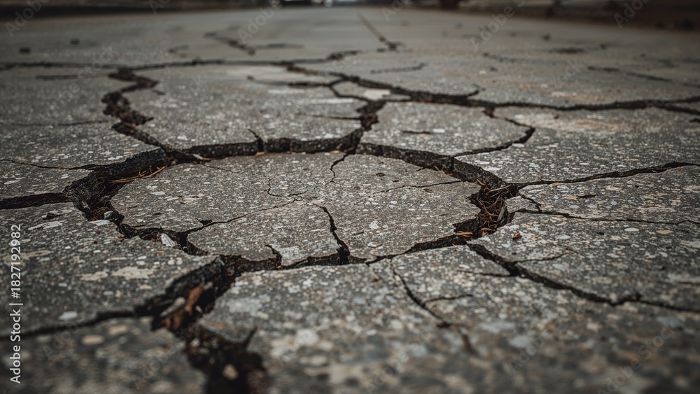 Fototapeta premium Cracked asphalt surface with visible fractures and damage.