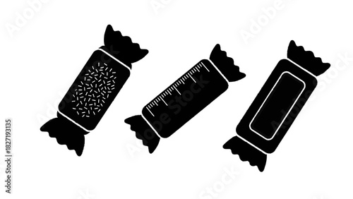 Vector illustration of three black and white silhouette icons of wrapped candy or sweet isolated on transparent background