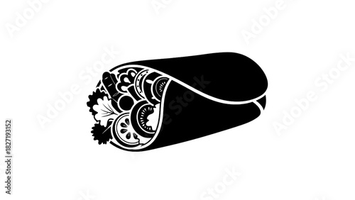 Vector illustration of black and white silhouette icon of a delicious burrito filled with fresh vegetable ingredients isolated on transparent background