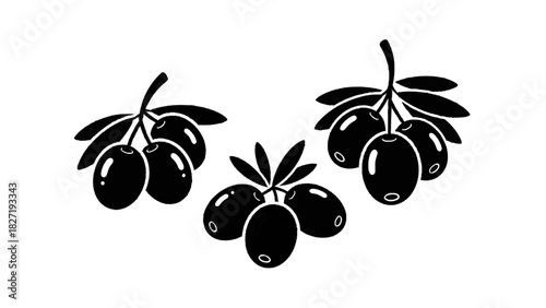 Vector illustration of black olive branch cluster silhouette icon set isolated on transparent background