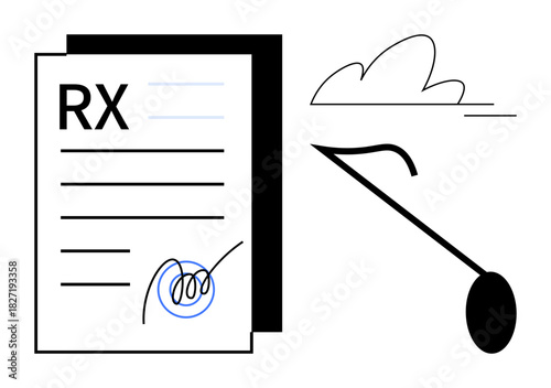 RX prescription signed document with simple lines, adjacent golf club, and cloud illustration. Ideal for healthcare, lifestyle, sports, recreation, minimalism, decision-making simple flat metaphor