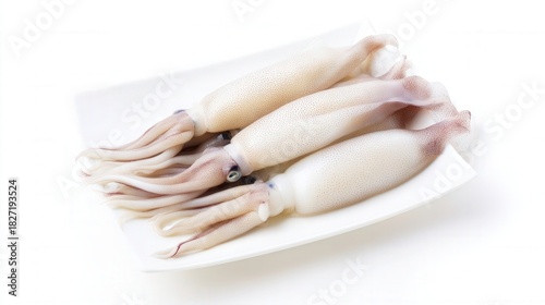 Fresh Squid on White Plate Seafood Close-up. Generative AI