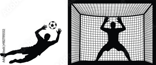 Two black silhouettes of soccer goalkeeper, one diving for ball and one standing in net, vector illustration isolated on white background for sports design