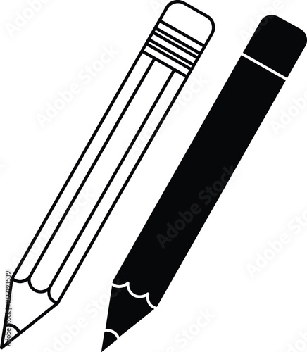 Two pencil icons vector illustration, black silhouette and line art writing tool collection, isolated on white background for office and school design.