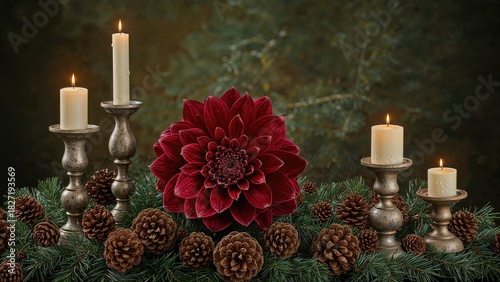 A festive display with candles, pinecones, and a large red flower, creating a warm and cozy holiday or winter decoration scene.