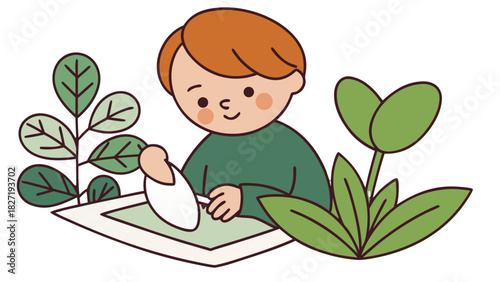 Young person drawing botanical sketch with art paper