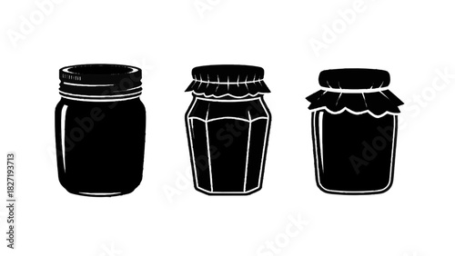 Vector illustration of set of three black silhouette icons representing different styles of glass jar for jam or preserve, isolated on transparent background