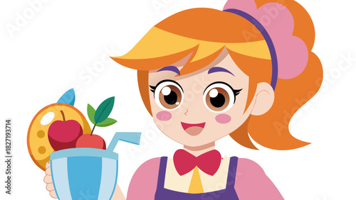 Cartoon girl holding a fruit smoothie with a happy smile