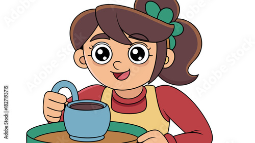 Happy woman holding coffee mug with a warm beverage inside