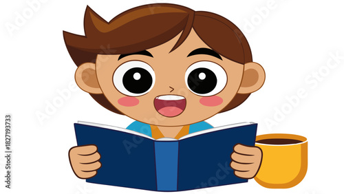 Happy child reading a blue book with a coffee cup