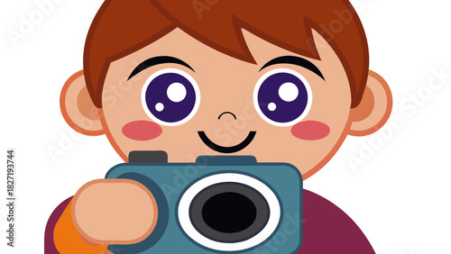 Cartoon kid with camera taking pictures with a happy expression