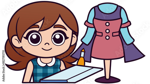 Young Girl Designing Fashion Dress Illustration
